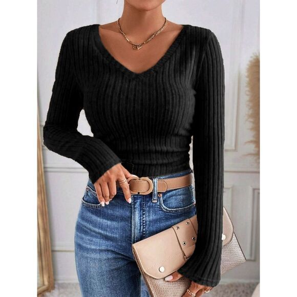 Ribbed V-Neck Crop Top Long‎ Sleeve Fitted Black Sweater Basic Layering Piece - Picture 1 of 4